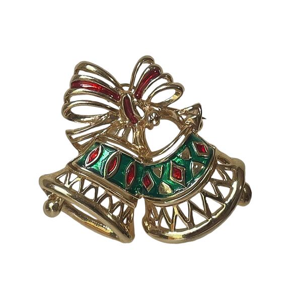 1990s Gold Plate Green & Red Enamel Christmas Bells Holiday Pin Brooch - Picture 1 of 3